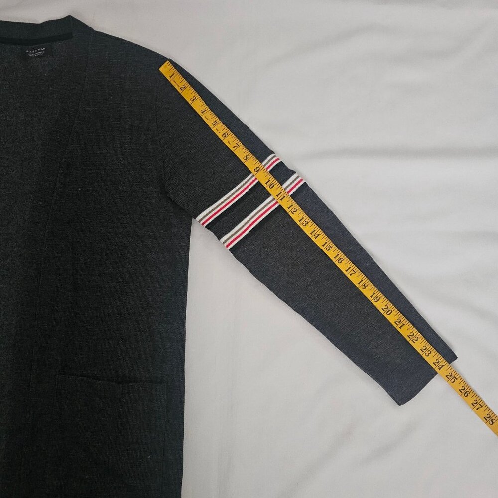 ZARA Man Dark Gray Striped Trim  Open Front Pockets Longline Cardigan Sz Medium - Picture 8 of 9